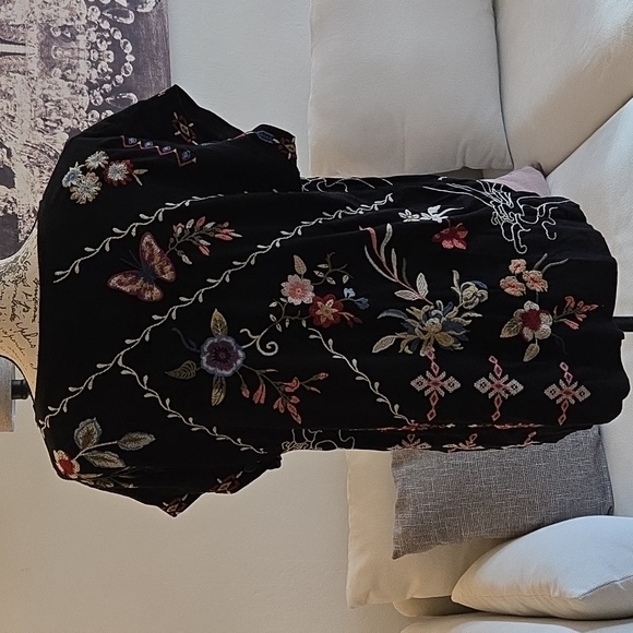 Johnny Was Black Top with Multicolor Floral Embroidery - Picture 3 of 7